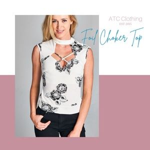 A2 Route 3 White and Black Floral Foil Choker Top